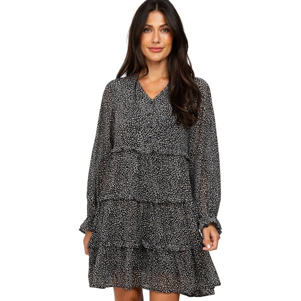 The Nines Dress Size Small Tiered Long Sleeve Black White Leopard Print Ruffle
